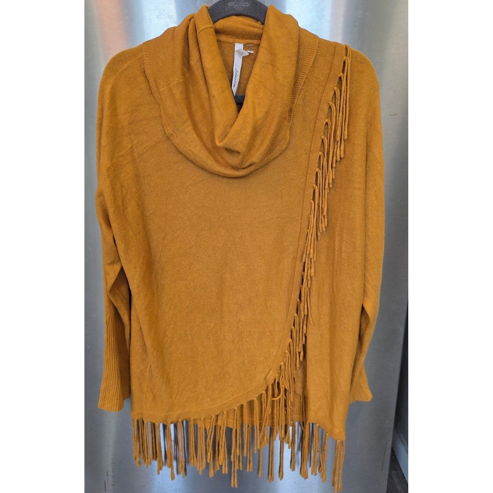 NY Collection Women M Cowl Neck Sweater Mustard Yellow Fringe Asymmetrical Boho
